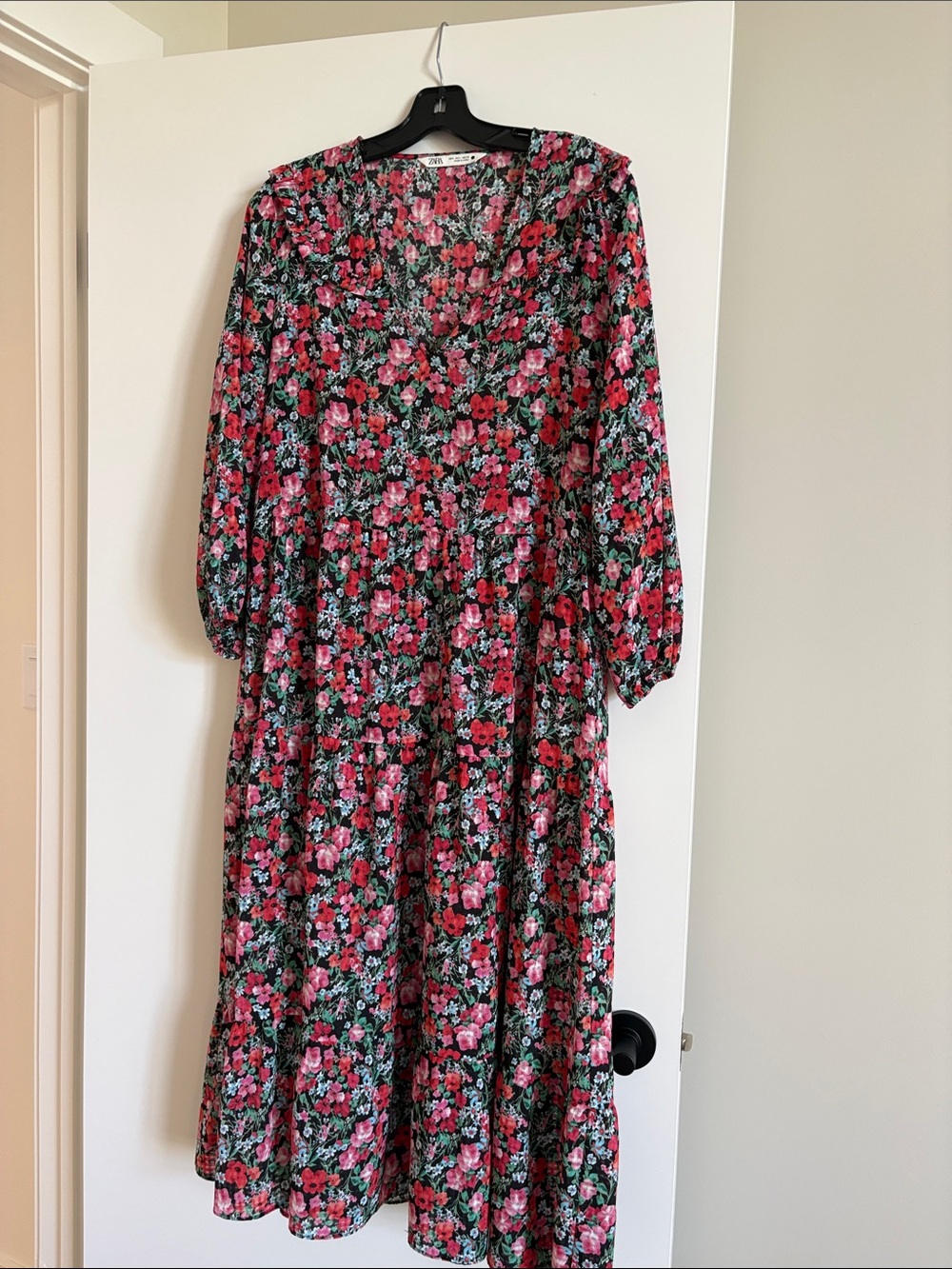 Zara Black Floral Midi Dress with Pink & Green Print